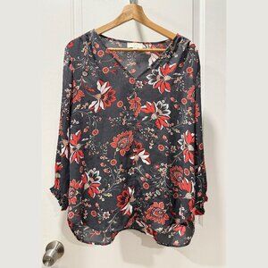 Charcoal Gray Blouse with Boho Red Paisley Floral